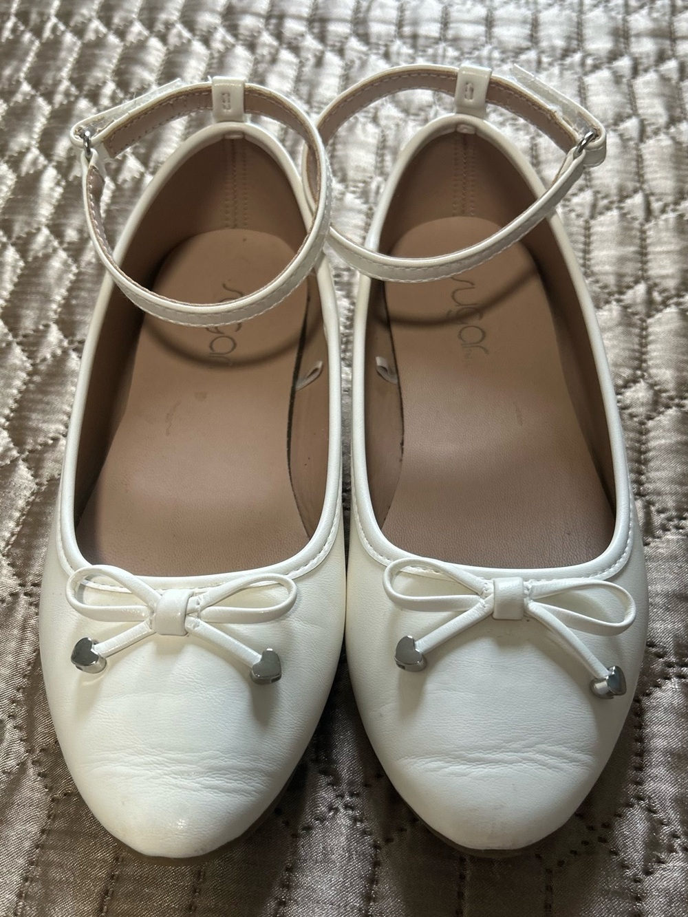 Girls' White Ankle-Strap Bow Ballet Flats